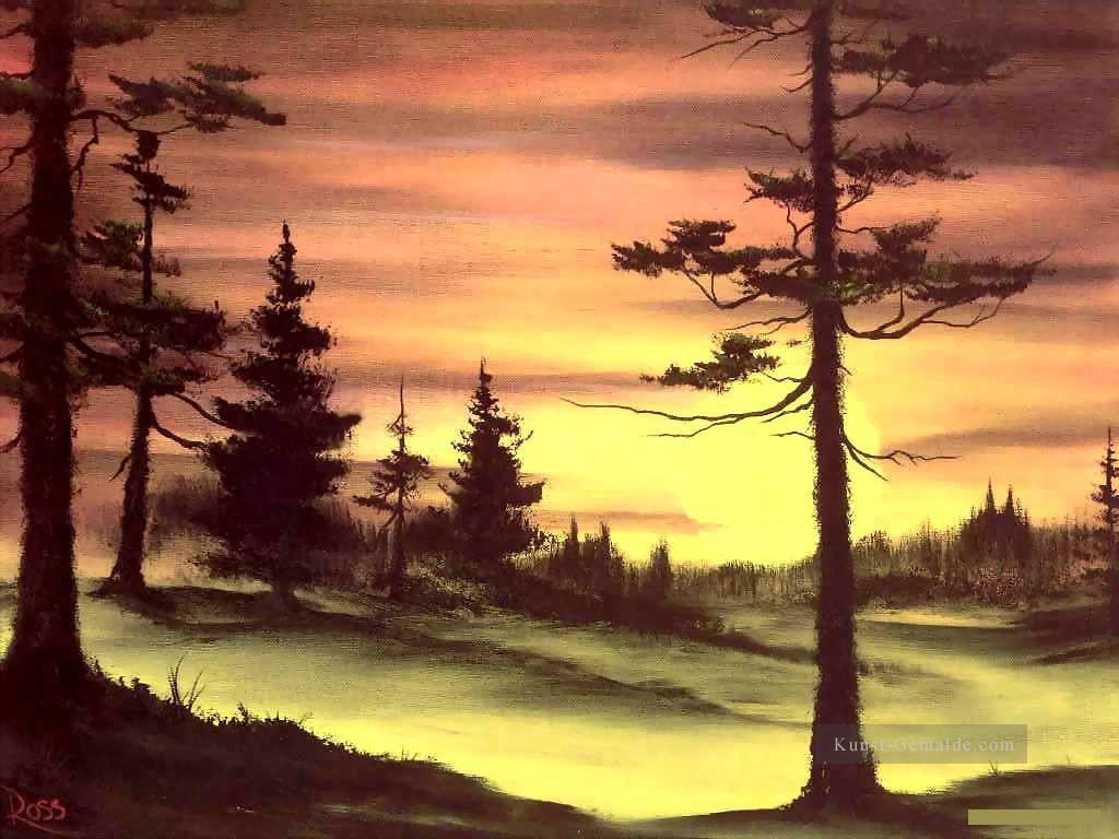 Evergreen bei Sonnenuntergang Bob Ross freihändig Landschaften Ölgemälde